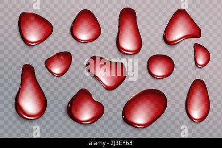 Gocce rosse su sfondo trasparente. Sangue, succo di fragola o gocce di vino. Bolle di soda, birra o acqua bere struttura astratta. Goccioline di acqua casuali Illustrazione Vettoriale