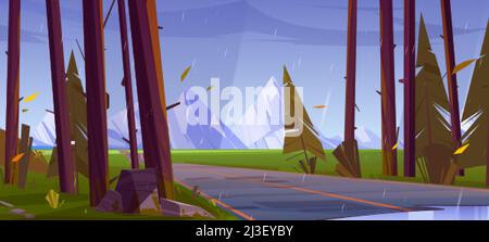 Pioggia caduta in foresta con strada e montagne all'orizzonte. Vettore cartoon illustrazione del paesaggio autunnale con auto autostrada, alberi di conifere, gras verde Illustrazione Vettoriale