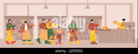 Persone in maschera in piedi in coda al banco check-out al supermercato. Clienti con cestini e carrello in attesa in linea lunga in negozio. Piatto vettoriale Illustrazione Vettoriale