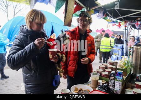 Medyka, Polonia. 6th Apr 2022. Svetlana di Berdjansk, Ucraina, che è arrivato poco fa oltre il confine con la Polonia dall'Ucraina, è ora un rifugiato con i suoi due figli e due cani: Suo figlio Gleb è presente qui così come il cane Mika, entrambi in maglioni rossi. Questa famiglia andrà a Praga, se tutto va bene, e di nuovo in Ucraina quando la guerra finisce. Oltre un milione di rifugiati ucraini sono passati a piedi in Polonia dopo aver sfuggito al terrore della Russia nel loro paese: Molti entrano attraverso il campo di confine di Medyka, dove una massa di volontari internazionali compassionevoli sono pronti ad aiutare Foto Stock