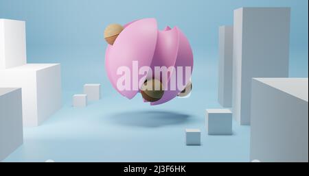 Giocattolo astratto con sfere in movimento e forme geometriche per bambini. Stile retrò in colori pastello. Elementi di design minimi. Illustrazione astratta 3D Foto Stock