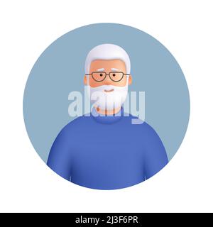 Avatar uomo anziano. Uomo anziano sorridente con barba dai capelli grigi. illustrazione di 3d personaggi vettoriali. Stile minimal cartoon. Illustrazione Vettoriale