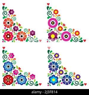 Mexican floral Corners Vector design set di quattro, collezione retrò folk art pattern ispirato al tradizionale ricamo messicano Illustrazione Vettoriale