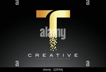 T Initial Letter Logo Design con pixel digitali in Golden Colors. Illustrazione Vettoriale