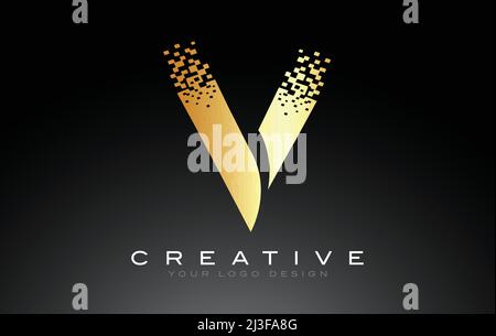 V Initial Letter Logo Design con pixel digitali in Golden Colors. Illustrazione Vettoriale