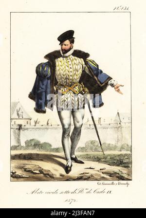 Moda maschile durante il regno di Carlo IX di Francia, 1572. In berretto, colletto in ruff, giacca foderata in pelliccia, doppietto ricamato, manichetta e spada. Costume Civil sous le Regne de Charles IX Litografia a mano di Lorenzo Bianchi e Domenico Cuciniello dopo Ippolite Lecomte di Costumi civili e militanti della monarchia francese dal 1200 al 1820, Napoli, 1825. Edizione italiana dei costumi civili e militari della monarchia francese di Lecomte dal 1200 al 1820. Foto Stock