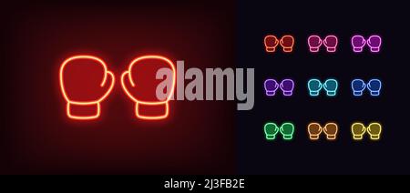 Delineare l'icona dei guanti da boxe al neon. Guanti in neon box incandescente silhouette, pictogramma di lotta sportiva. Box campionato e competizione, club di lotta e boxer fuori Illustrazione Vettoriale