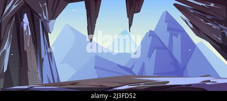 Grotta o arco in pietra con vista sulle montagne. Illustrazione vettoriale di cartoni animati di paesaggio invernale di rocce, sporgenza con neve, ingresso della caverna, alte scogliere e ic Illustrazione Vettoriale