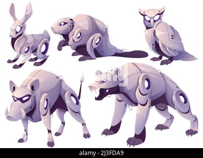 Robot animali robot mostri meccanici di robotica. Ciborgs animali domestici lepre, castoro, gufo, cinghiale e orso. Cartone animato intelligenza artificiale meccanica ed elettronica Illustrazione Vettoriale