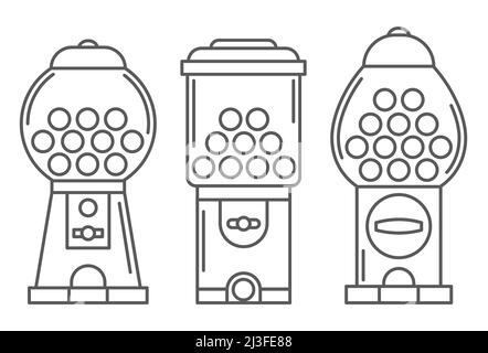 Set di icone linea macchina Gumball. Distributore automatico retrò per caramelle e bubblegumi. Illustrazione del vettore di slot dei dolci isolato su sfondo bianco Illustrazione Vettoriale