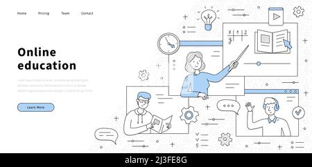 Banner di formazione online con insegnanti e studenti su schermi di computer. Vettore landing page di digitale a distanza scuola o formazione universitaria, e-learnin Illustrazione Vettoriale