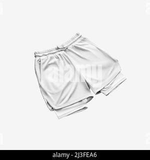 Modello di shorts sciolti bianchi da uomo con mutande, cravatte in vita, isolato sullo sfondo, vista frontale. Sportswear mockup con linea di compressione, Foto Stock