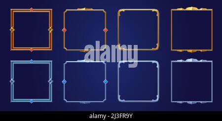 Set di cornici da gioco quadrate ui, bordi medievali testurizzati di oro, argento o metallo d'acciaio con gemme. Cartoon metallo vuoto bordering con pietre preziose, iso Illustrazione Vettoriale