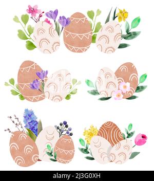 Carino carte di Pasqua con divertente coniglietto, uova, composizioni floreali, piante, foglie, fiori. Ciao Pasqua biglietti d'auguri in stile boho Foto Stock