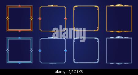Set di cornici da gioco quadrate ui, bordi medievali testurizzati di oro, argento o metallo d'acciaio con gemme. Cartoon metallo vuoto bordering con pietre preziose, iso Illustrazione Vettoriale