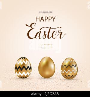 Pasqua. Sfondo dal design festivo con uova di Pasqua dorate. Banner Web festivo. Vettore Illustrazione Vettoriale