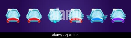 Set di badge ICE Award, icone dell'interfaccia utente del livello di gioco in classifica. Scudi esagonali congelati vuoti con striscioni, ali o corone di alloro, bonus isolato, telai rango Illustrazione Vettoriale