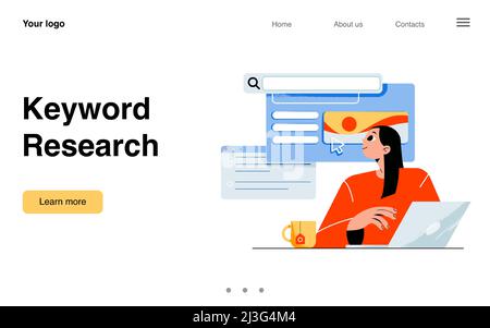 Pagina di destinazione della ricerca di parola chiave. Keywordist o copywriter ragazza con il laptop che utilizza gli strumenti e i servizi per l'ottimizzazione di seo e l'analisi del piano dei contenuti in così Illustrazione Vettoriale