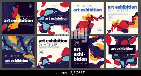 Striscioni di mostre d'arte con blob di pittura astratta. Poster quadrati vettoriali per social media di mostre di musei o gallerie con design creativo alla moda w Illustrazione Vettoriale