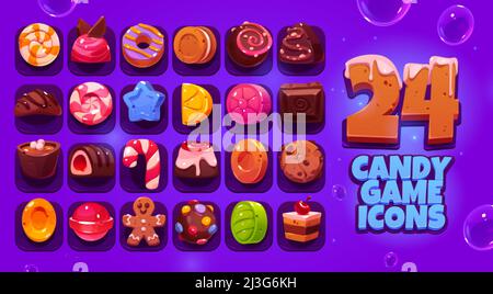 Icone di gioco caramelle grande set, vettore cartoon dolci elementi ui. Caramello, torta, pan di zenzero, lecca e caramella, canna di zucchero, cioccolato e cru Illustrazione Vettoriale
