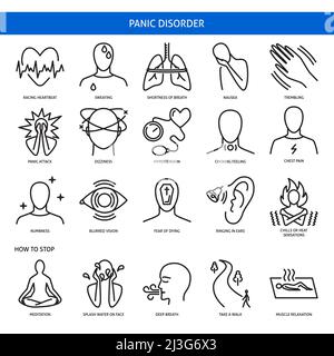 Icona disturbo di panico impostata nello stile della linea. Simboli di malattia mentale. Illustrazione vettoriale. Illustrazione Vettoriale