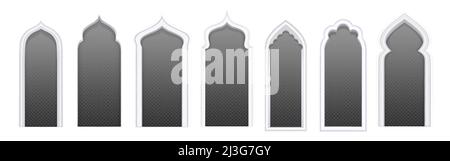Porte arabe diverse forme per moschea, architettura islamica e orientale. Set vettoriale realistico di cornici arabiche tradizionali in wa bianca Illustrazione Vettoriale
