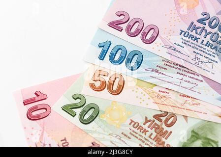 Banconote turche, turco Lira numeri macro colpo. Foto Stock