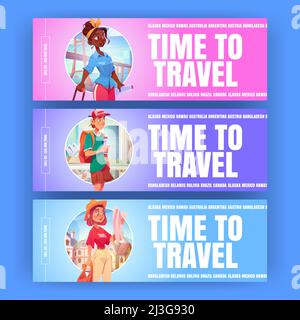 Tempo di viaggiare cartoni animati banner. Turisti backpackers apprendimento mappa ricerca modo su sfondo mondiale punti di riferimento. Volantini per il servizio dell'agenzia di viaggi, estate Illustrazione Vettoriale