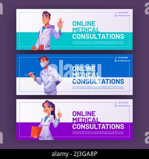 Online consultazione medica cartoni animati annunci banner, medici saluto, gesturing con la mano. Medicina, assistenza sanitaria, servizi ospedalieri sfondo annunci con c Illustrazione Vettoriale