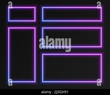 Set di cornici rettangolari con gradiente al neon, raccolta di bordi luminosi blu-viola. Striscioni colorati illuminati. Illustrazione Vettoriale