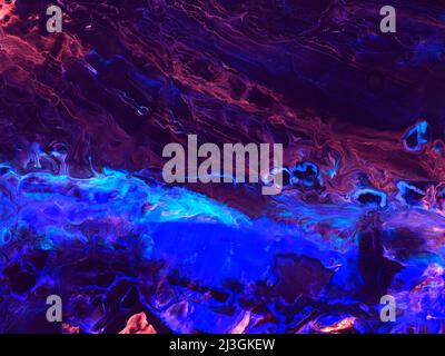 Pittura astratta d'arte nei colori blu e viola del neon, sfondo creativo dipinto a mano, pittura acrilica, texture marmorea, grafica liquida, oc astratto Foto Stock