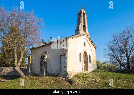 Francia, Alpi dell'alta Provenza, Parco Naturale Regionale del Luberon, Lurs, villaggio arroccato sopra la valle media della Durance, cappella di Saint-Michel del 12th secolo Foto Stock