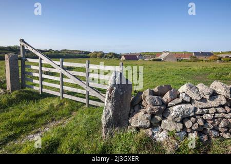 Francia, Manica, Cotentin, Cape Hague, Jobourg, baia di Ecalgrain, cancello di legno, basso muro di pietra e case tradizionali in pietra sullo sfondo Foto Stock
