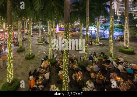 Filippine, Metro Manila, Makati District, Greenbelt Mall, bar con terrazza e alberi di cocco decorati con luci tinsel