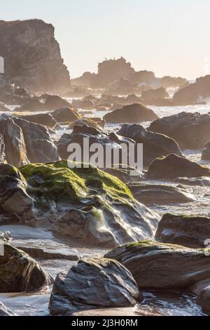 Messico, Stato di Oaxaca, Puerto Escondido e la sua spiaggia, la Punta Zicatela, il sud della spiaggia ha una zona rocciosa Foto Stock
