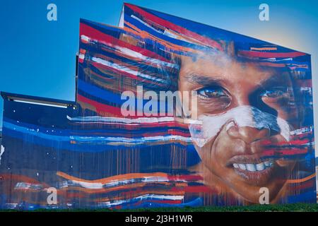 Francia, Loire Atlantique, Saint Nazaire, Wall pittura che rappresenta un aborigeno da parte dell'australiano Matt Adnate Foto Stock