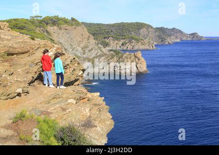 Francia, Var, Isole Hyeres, Parco Nazionale, Porquerolles, Vista su una baia tra il faro di Cap d'Arme e la baia indiana Foto Stock
