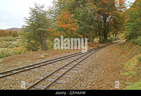 La ferrovia più a sud del mondo, Ushuaia, Provincia di Tierra del Fuego, Patagonia, Argentina Foto Stock