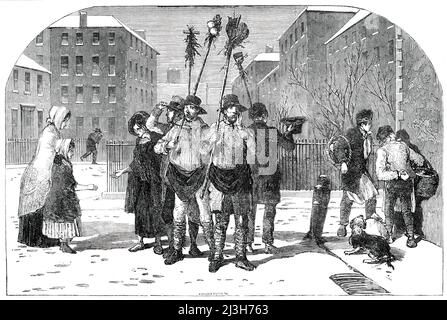 Frozen-out Giardinieri e spazzaneve - disegnato da Foster, 1850. Illustrazione di una storia di Thomas Miller. Durante l'inverno, i giardinieri non potevano lavorare a causa del freddo. Alcuni opportunisti si sono posti come 'Frozen-out Gardeners' per giocare sulle simpatie dei cittadini. Raffigurazione di un '...miserabile coro, bawled fuori da mezzo dozzina di felci wretched-looking, recanti mazzi di verdi congelati sulle cime dei pali lunghi, Mentre sfilavano le strade di Londra in inverno, sembravano dei veri giardinieri come un marinaio di St. Giles assomiglia a un vero catrame britannico...sai a colpo d'occhio che questo è il ne Foto Stock