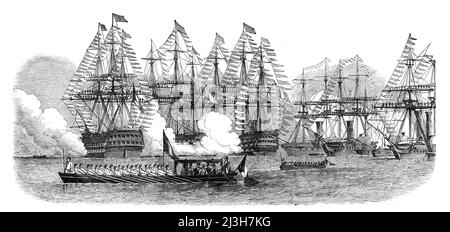 Il Presidente francese che ha abbandonato lo Squadrone a Cherbourg, 1850. Louis Napol&#xe9;ON partecipa a una revisione navale al largo della costa della Francia. '...il Principe visitò ogni nave di battaglia in successione, e anche se ogni nave si rallegrava un po', il suo ricevimento era decisamente fresco. Il Presidente ha ispezionato ogni flotta in modo minutissimo e non ha lasciato l'ultima nave, il Minerve, fregata da 54 cannoni, fino a quasi le sette.”. I cannoni sono stati lanciati per segnalare la fine della recensione: '...i lampi di quasi 2000 pezzi di ordigno si sono schiantati con un tremendo ruggito: Breve, affilato e improvviso sono stati t Foto Stock