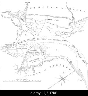 Piano del lavaggio, tra le coste di Norfolk e Lincolnshire, 1850. Mappa che mostra la nuova caduta generale proposta e terra da recuperare nel '...estuario del Norfolk, o Metaris Aestuarum...che ampio spazio aperto di sabbie e canali, interamente coperto ad alta marea...'. Un progetto di ingegneria civile per deviare il corso del fiume Ouse e consentire la bonifica del terreno, è stato intrapreso dalla Norfolk Estuary Company. "Nella memoria di persone ancora viventi, gran parte del distretto ora arabile era palato, e il passeggero doveva essere condotto da guide attraverso la palude paludosa, forabile solo a bassa acqua Foto Stock