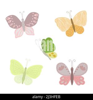 Fantasia piccole farfalle colorate set in semplice disegno vettoriale stile piatto, simbolo delle vacanze di Pasqua, primavera o estate, decorazione di festa, clipart per carte, banner, decorazione primaverile, insetto carino Illustrazione Vettoriale