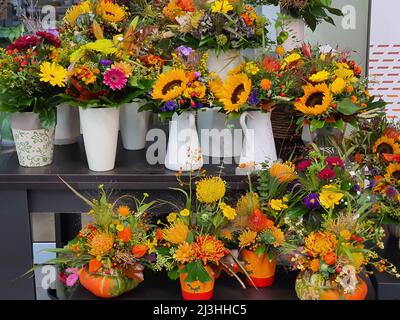 Bouquet colorati con molti girasoli gialli in negozio di fiori Foto Stock