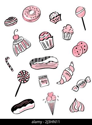 Set di dolci. Dolci: Muffin e dolci, croissant e cinabon. Deliziose caramelle e lecca lecca. Vetor, illustrazione. Illustrazione Vettoriale