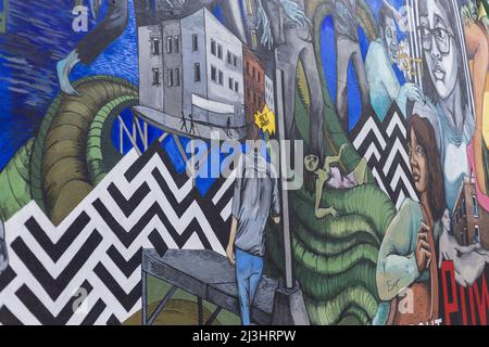 Myrtle Av/Broadway, New York City, NY, USA, Graffiti a un muro di Brooklyn Foto Stock