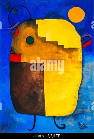 Dipingere da Pia Bühler, olio su tela Una figura non stabile come una patata con pensieri invidiosi ottiene l'illuminazione e afferra la sua fronte Foto Stock