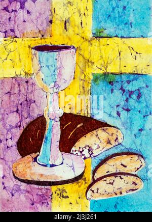 Acquerello Batika su carta giapponese di Regine Martin vino e pane, croce gialla brillante, immagine simbolo per la cena del Signore, celebrazione eucaristica, sacramento santo, Foto Stock