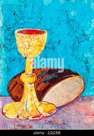 Acquerello Batika su carta giapponese di Regine Martin vino e pane, immagine simbolica per la cena del Signore, celebrazione eucaristica, sacramento santo, Foto Stock