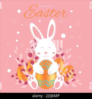 Biglietto di auguri per Pasqua. Disegno di un coniglietto che abbraccia un uovo di Pasqua decorato Illustrazione Vettoriale