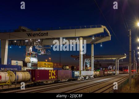 Vienna, movimentazione gru a portale nel terminal container di Port Freudenau, azienda WienCont nel 02. Distretto Leopoldstadt, Austria Foto Stock